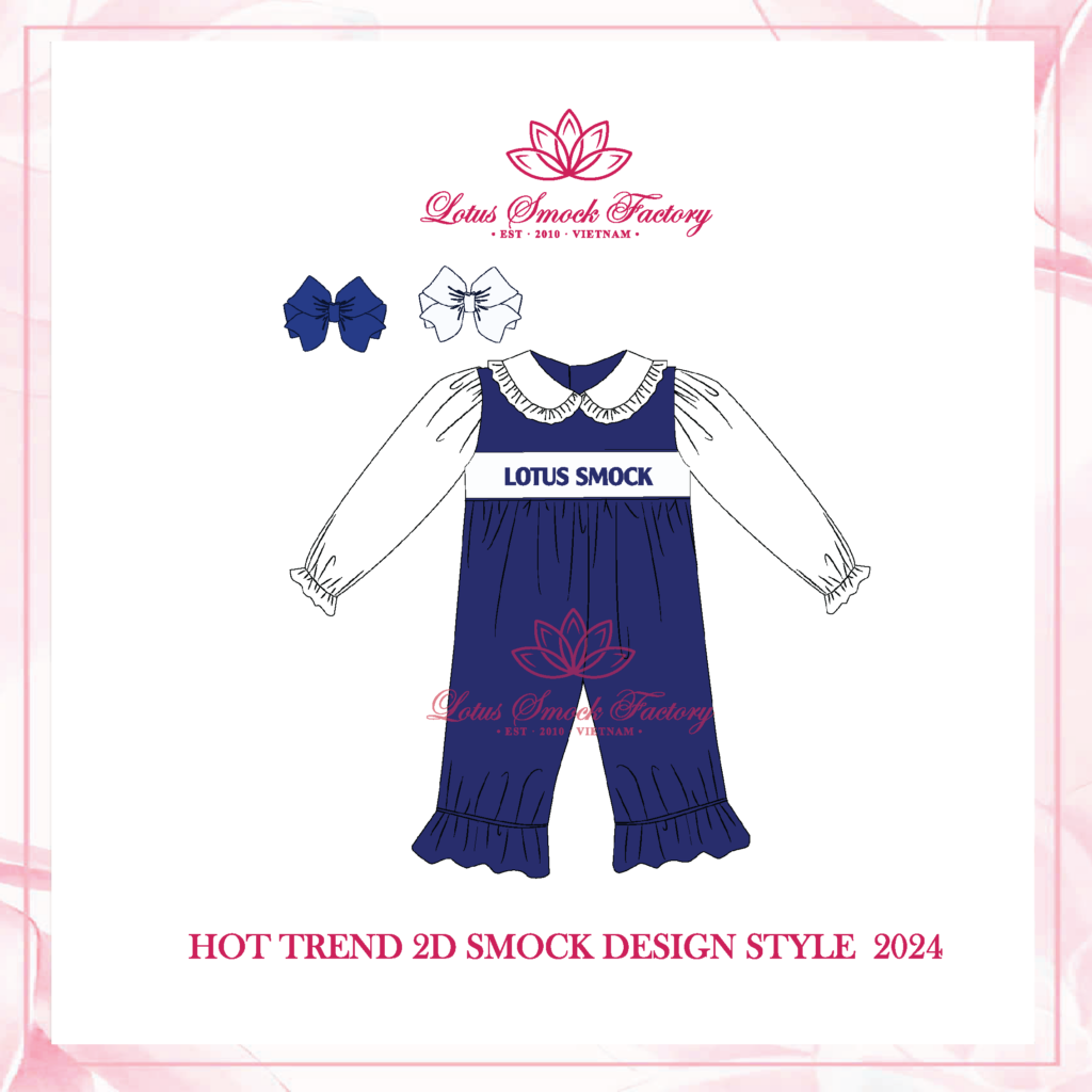 Blue Color with Bow 2D Design Wholesale Smocked Clothing