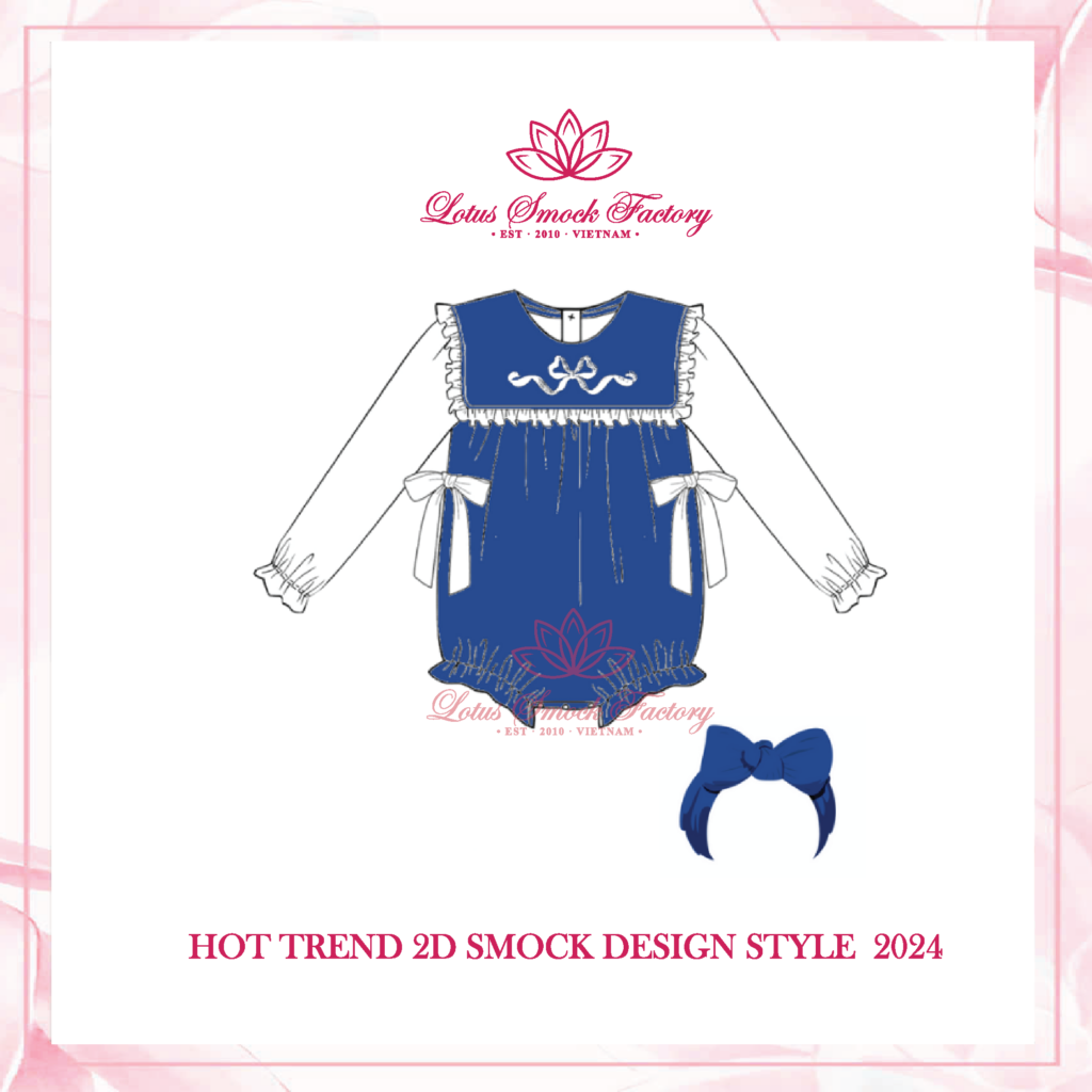 Blue Color with White Bow 2D Design Wholesale Smocked Clothing