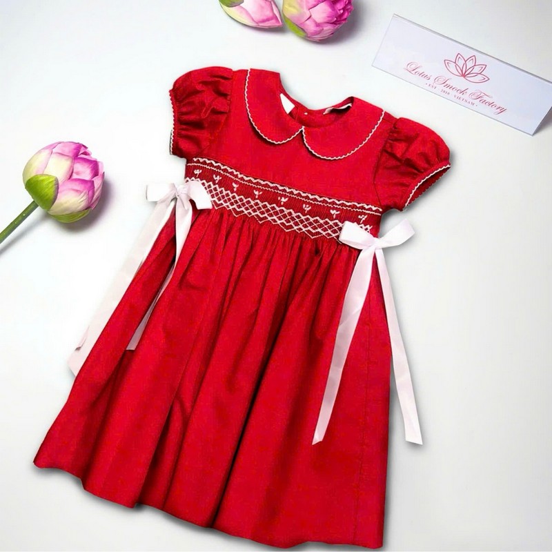 White Flower on Red Dress Wholesale Smocked Clothing