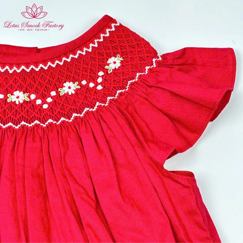 White Flower on Red Bishop Neck Dress Wholesale Smocked Clothing