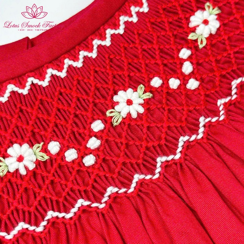 White Flower on Red Bishop Neck Dress Wholesale Smocked Clothing