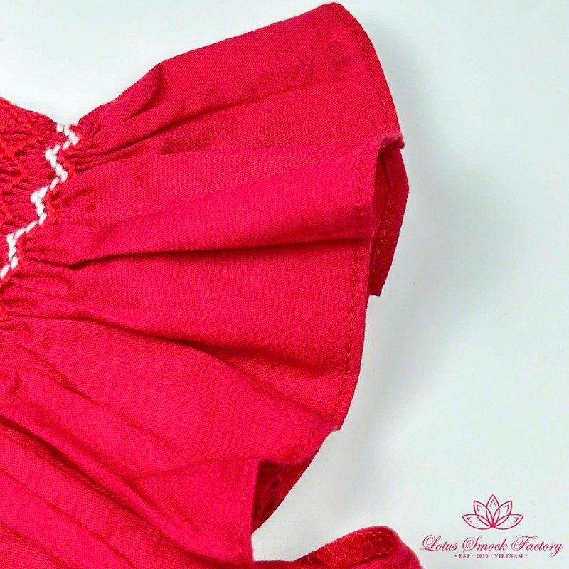 White Flower on Red Bishop Neck Dress Wholesale Smocked Clothing
