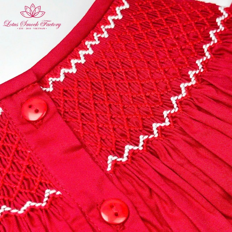 White Flower on Red Bishop Neck Dress Wholesale Smocked Clothing