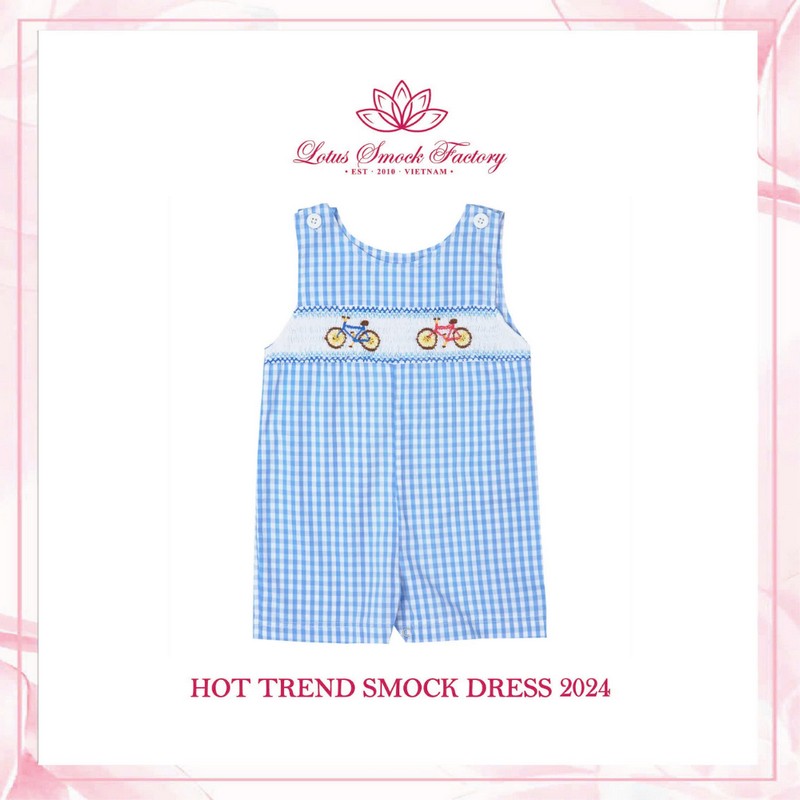 Bike on Blue White Checkered Shortall Wholesale Smocked Clothing