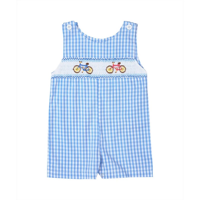 Bike on Blue White Checkered Shortall Wholesale Smocked Clothing