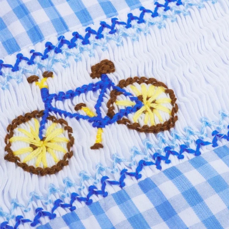 Bike on Blue White Checkered Shortall Wholesale Smocked Clothing