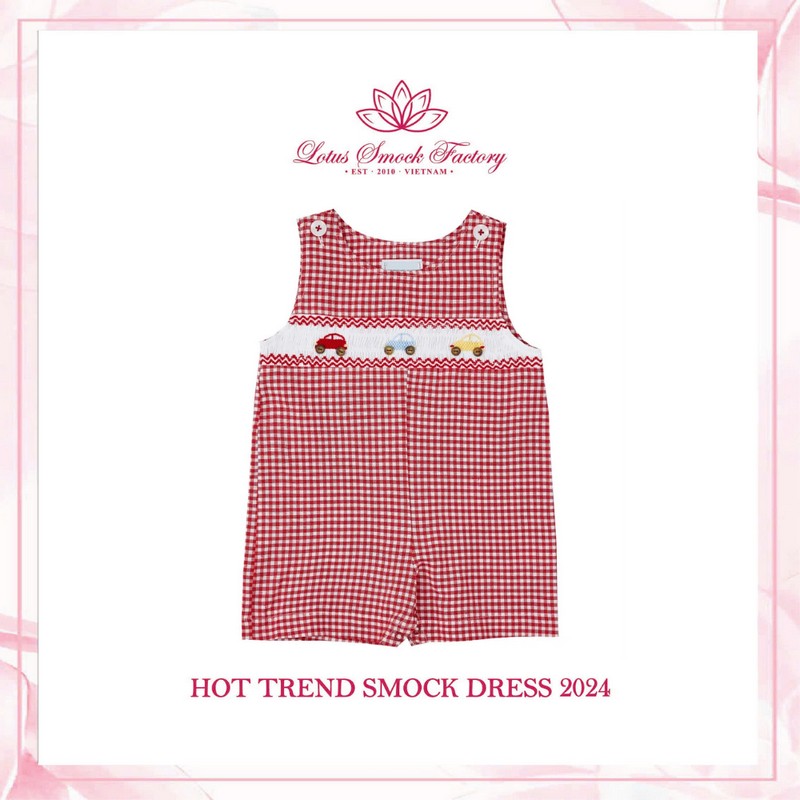 Car on Red White Checkered Shortall Wholesale Smocked Clothing