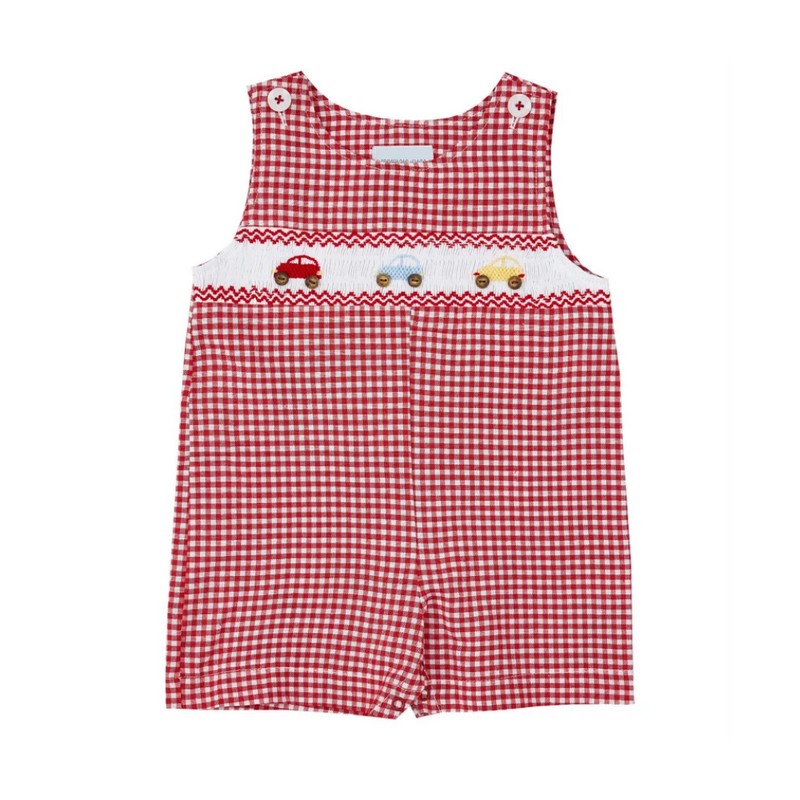 Car on Red White Checkered Shortall Wholesale Smocked Clothing