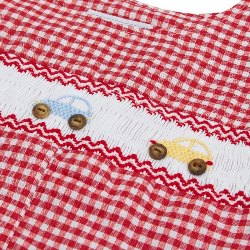 Car on Red White Checkered Shortall Wholesale Smocked Clothing