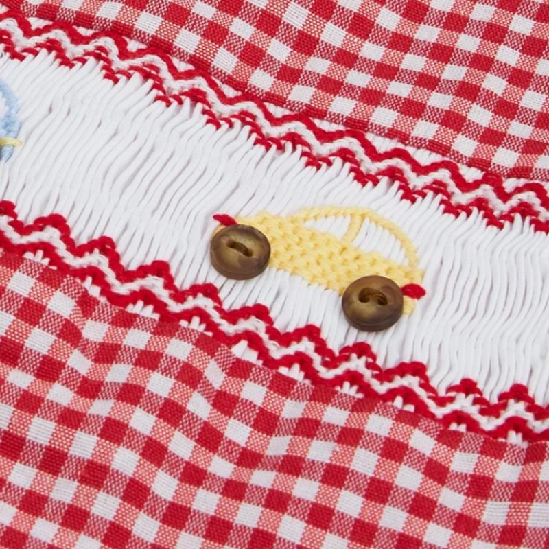 Car on Red White Checkered Shortall Wholesale Smocked Clothing