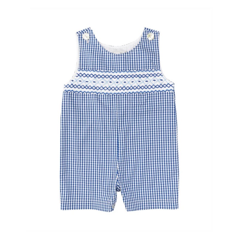 Geometric Smocked Blue White Checkered Shortall Wholesale Smocked Clothing