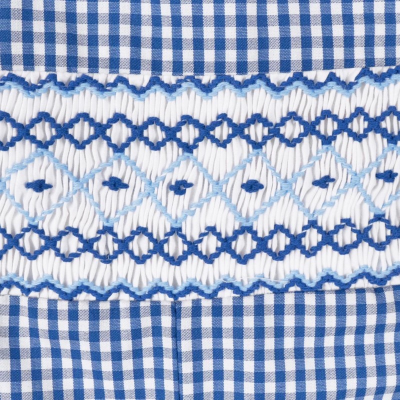 Geometric Smocked Blue White Checkered Shortall Wholesale Smocked Clothing