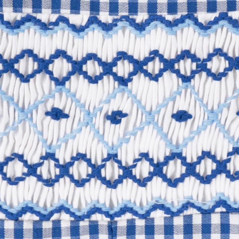 Geometric Smocked Blue White Checkered Shortall Wholesale Smocked Clothing