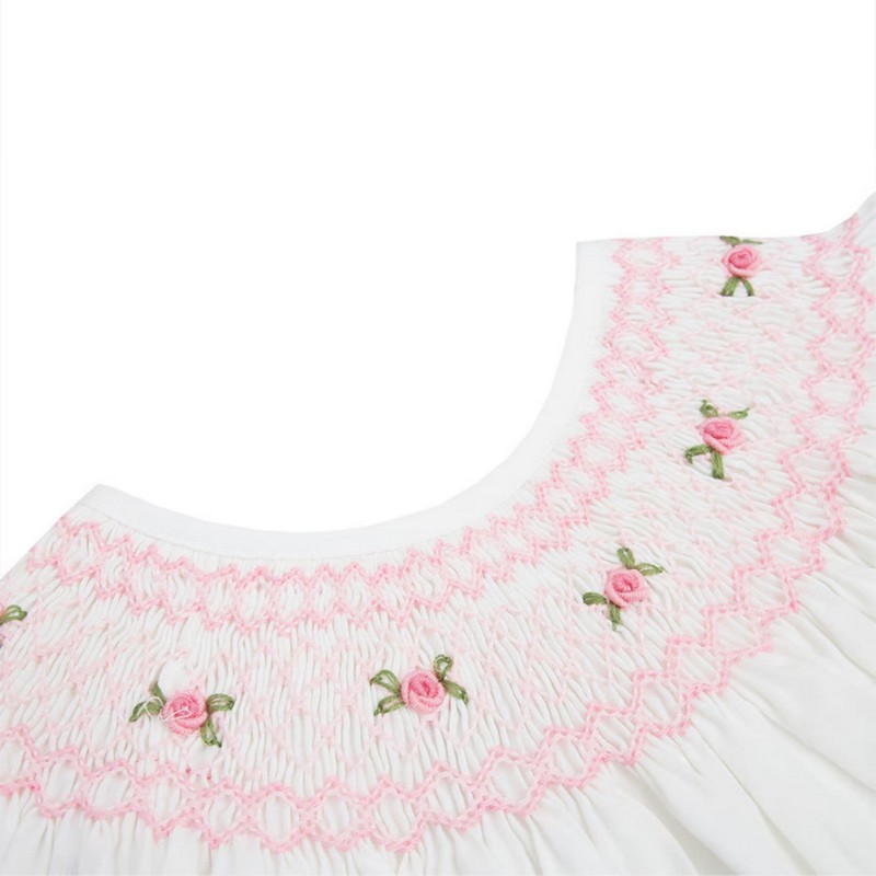 Pink Flower on White Bishop Dress Wholesale Smocked Clothing