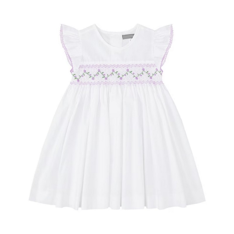 Purple Flower on White Dress Wholesale Smocked Clothing