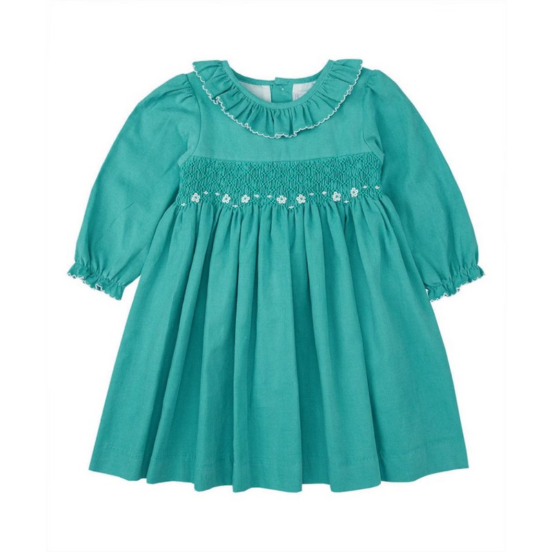 White Flower on Green Dress Wholesale Smocked Clothing