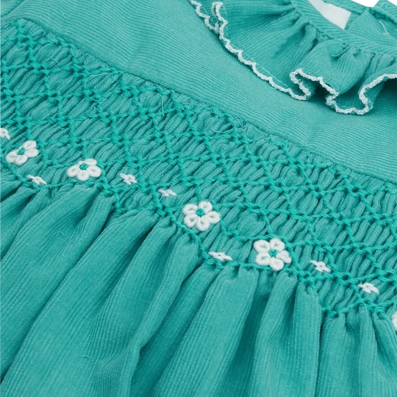 White Flower on Green Dress Wholesale Smocked Clothing