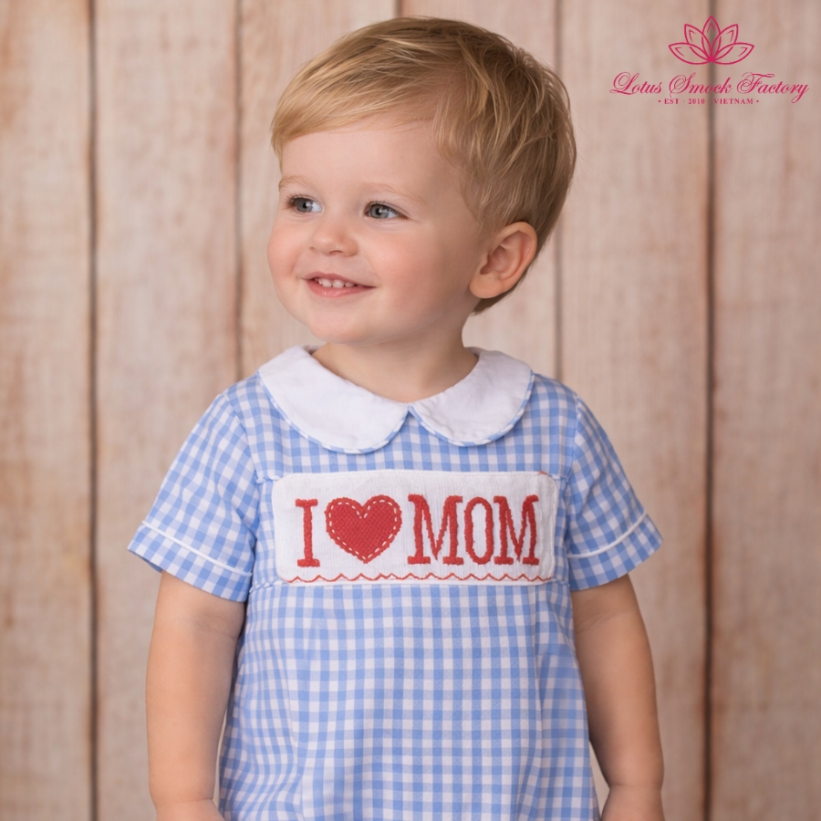 Blue Gingham Mother's Day Smocked Boy Bubble Wholesale Smocked Clothing