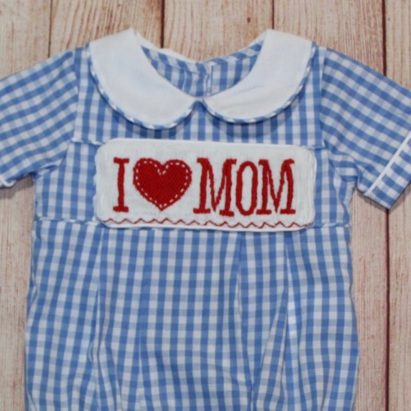 Blue I LOVE MOM Bubble 2025 Wholesale Smocked Clothing