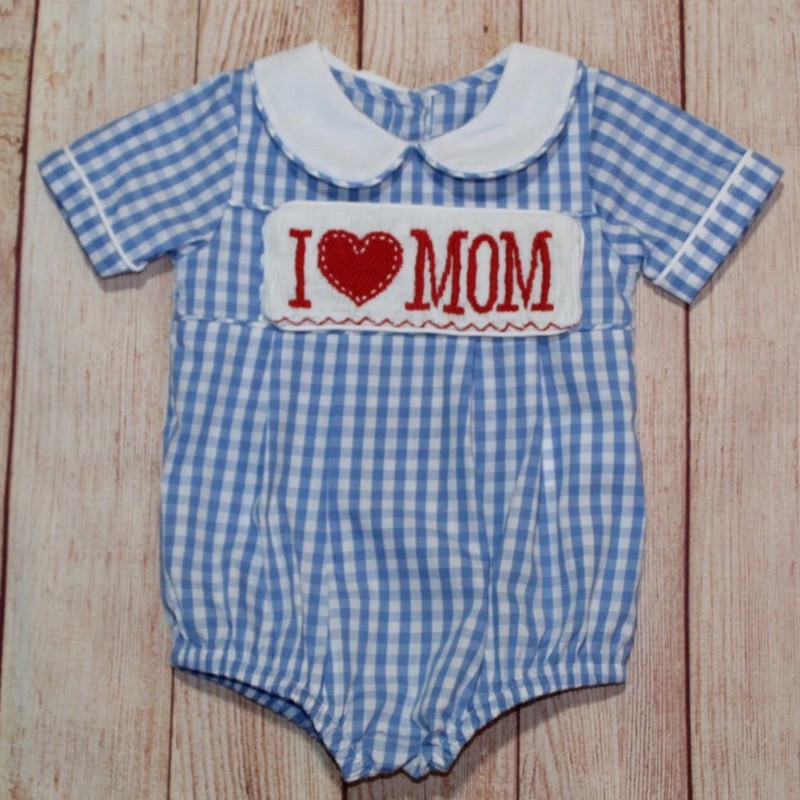 Blue I LOVE MOM Bubble 2025 Wholesale Smocked Clothing