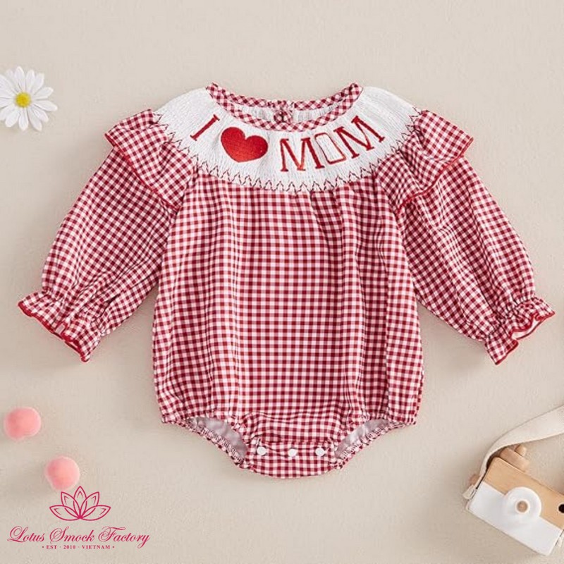 Checkered I LOVE MOM Bubble Wholesale Smocked Clothing