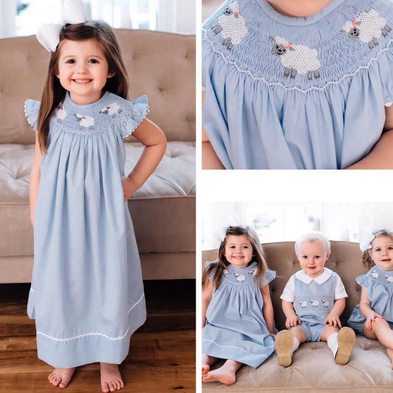 Easter Smocked Dress 2026 Blue Sheep Dress Wholesale Smocked Clothing