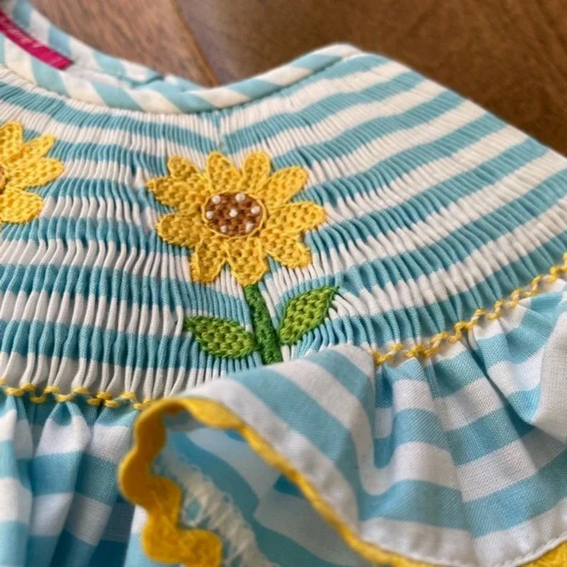 Easter Smocked Dress 2026 Blue Sunflower Dress Wholesale Smocked Clothing