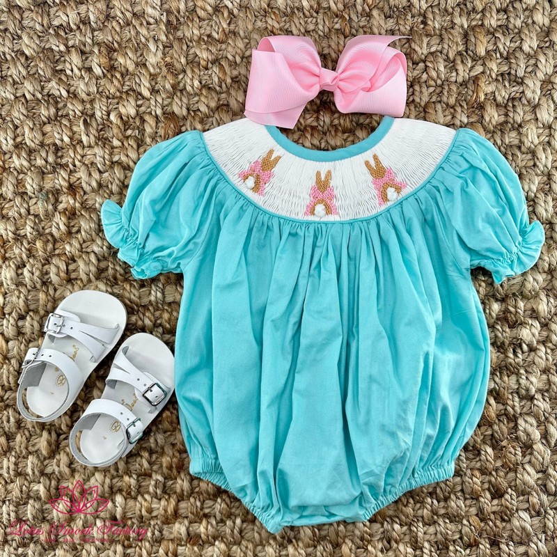 Easter Smocked Outfit 2025 Blue Bunny Bubble Wholesale Smocked Clothing