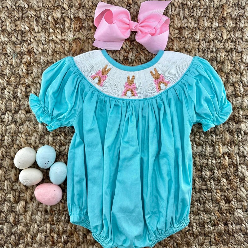 Easter Smocked Outfit 2026 Blue Bunny Bubble Wholesale Smocked Clothing
