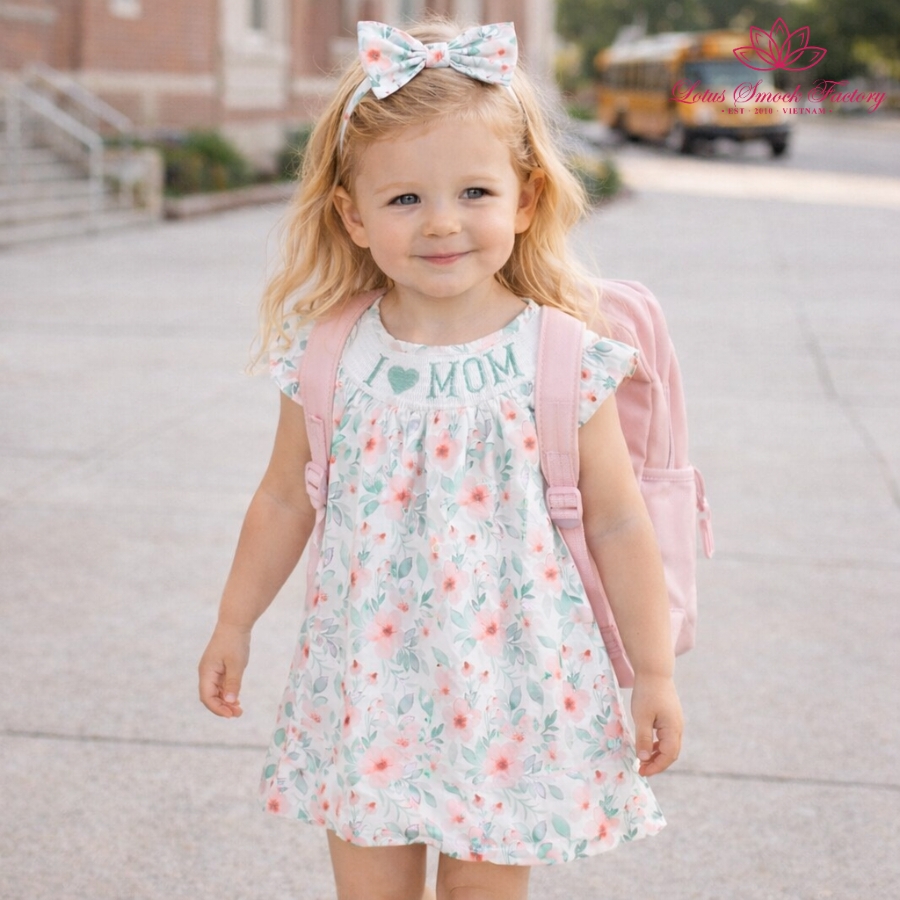 Floral I Love Mom Mother's Day Smocked Dress Wholesale Smocked Clothing