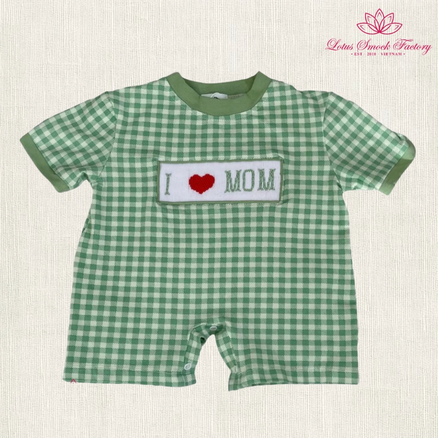 Green Gingham Mother's Day Smocked Boy Romper Wholesale Smocked Clothing
