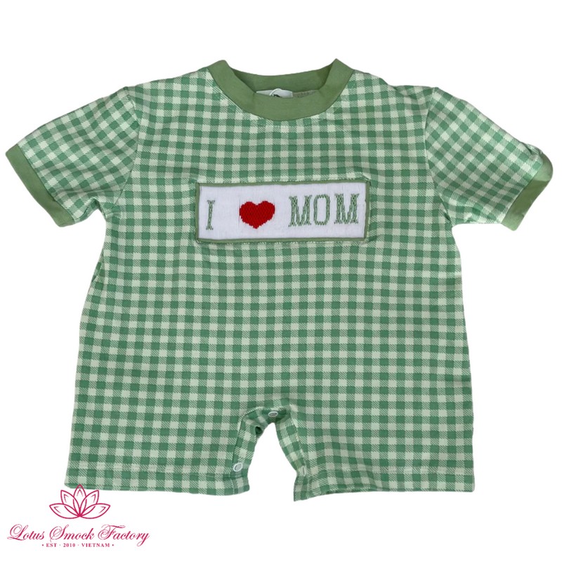 Green I LOVE MOM Romper 2025 Wholesale Smocked Clothing
