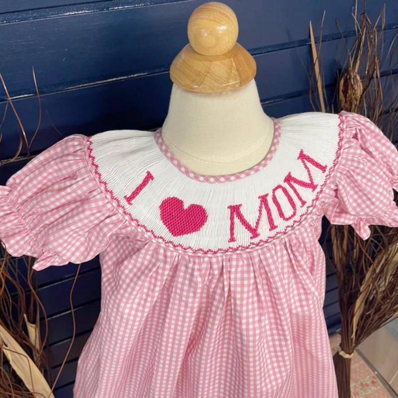 Pink I LOVE MOM Dress 2026 Wholesale Smocked Clothing