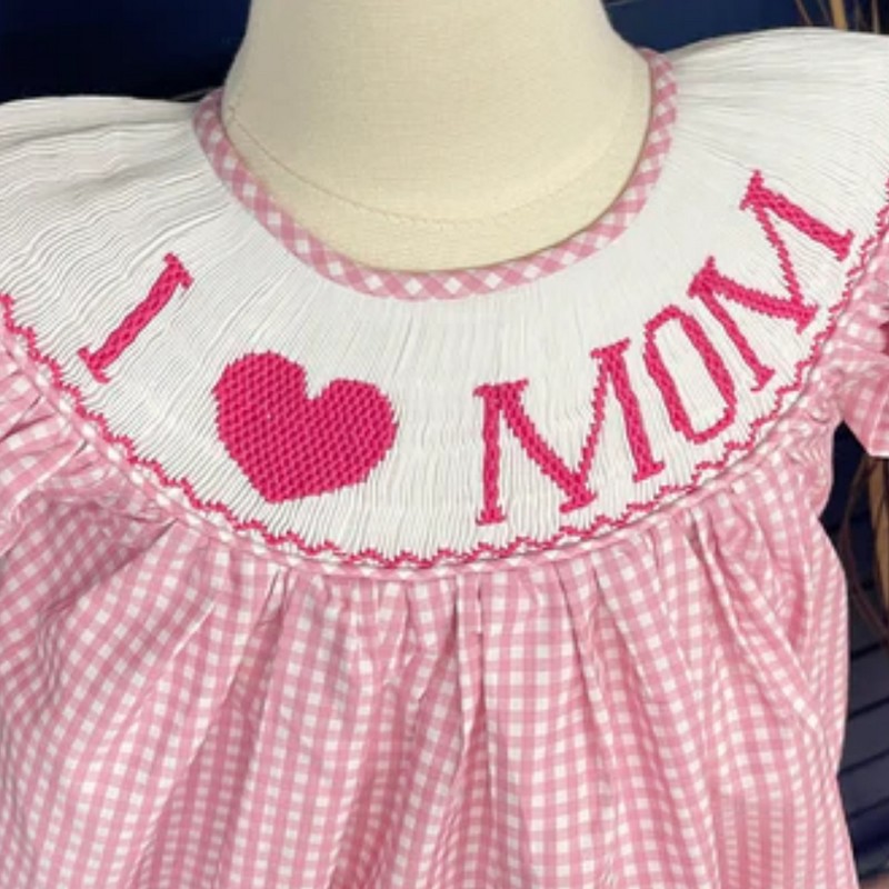 Pink I LOVE MOM Dress 2026 Wholesale Smocked Clothing