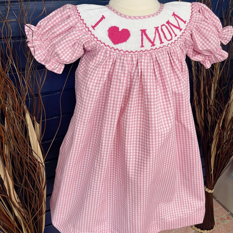 Pink I LOVE MOM Dress 2026 Wholesale Smocked Clothing