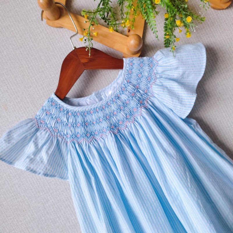 Smocked Spring Summer Dress 2025 Blue Bishop Dress Wholesale Smocked Clothing
