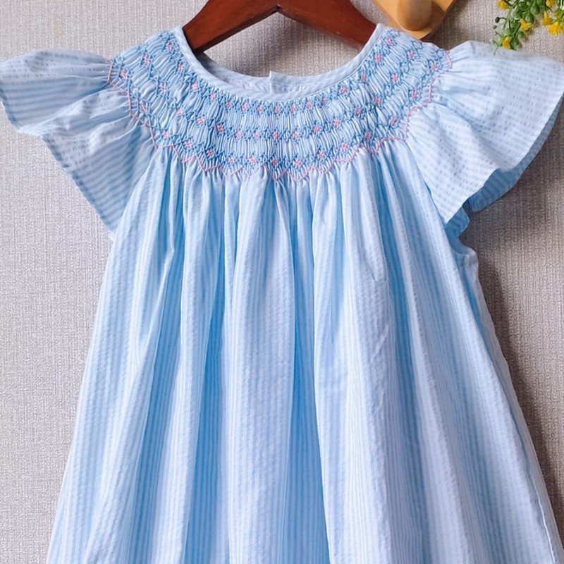 Smocked Spring Summer Dress 2025 Blue Bishop Dress Wholesale Smocked Clothing