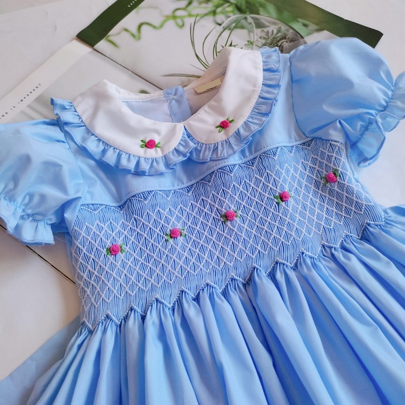 Smocked Spring Summer Dress 2025 Blue Rose Dress Wholesale Smocked Clothing