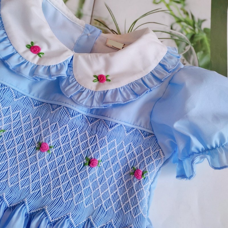 Smocked Spring Summer Dress 2025 Blue Rose Dress Wholesale Smocked Clothing