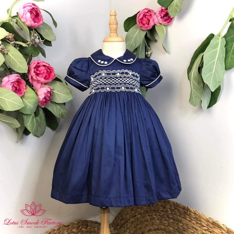 Smocked Spring Summer Dress 2025 Navy Blue Dress Wholesale Smocked Clothing