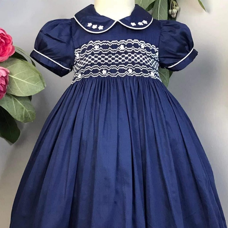 Smocked Spring Summer Dress 2025 Navy Blue Dress Wholesale Smocked Clothing