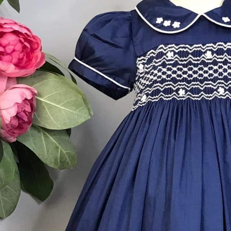 Smocked Spring Summer Dress 2025 Navy Blue Dress Wholesale Smocked Clothing