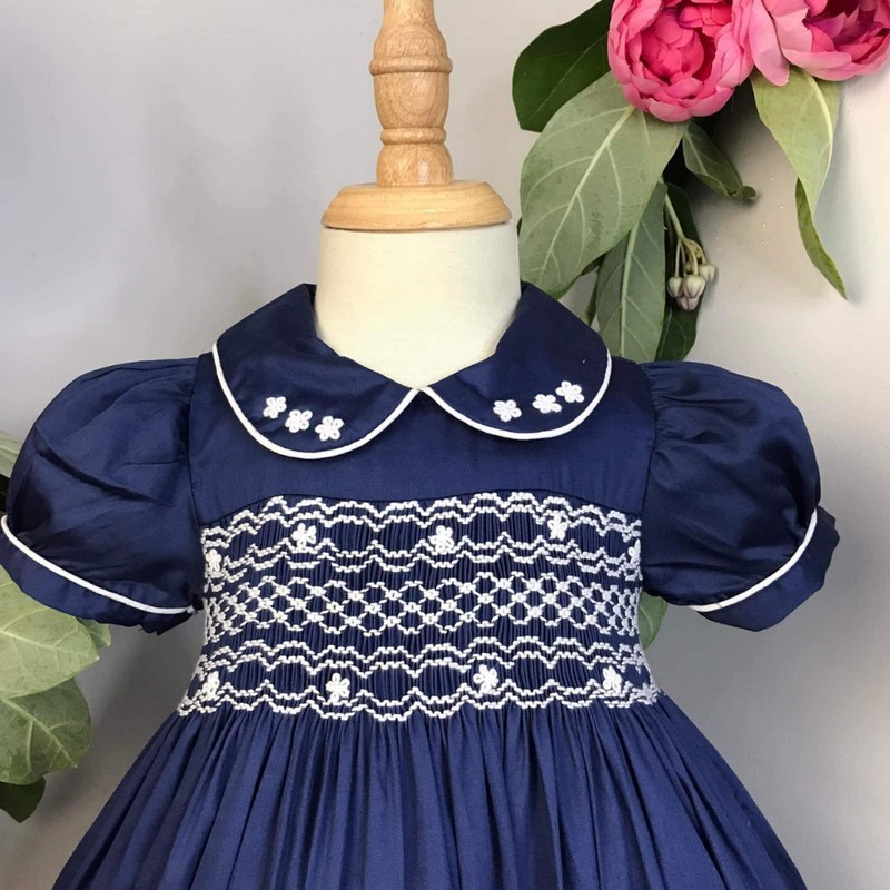 Smocked Spring Summer Dress 2025 Navy Blue Dress Wholesale Smocked Clothing