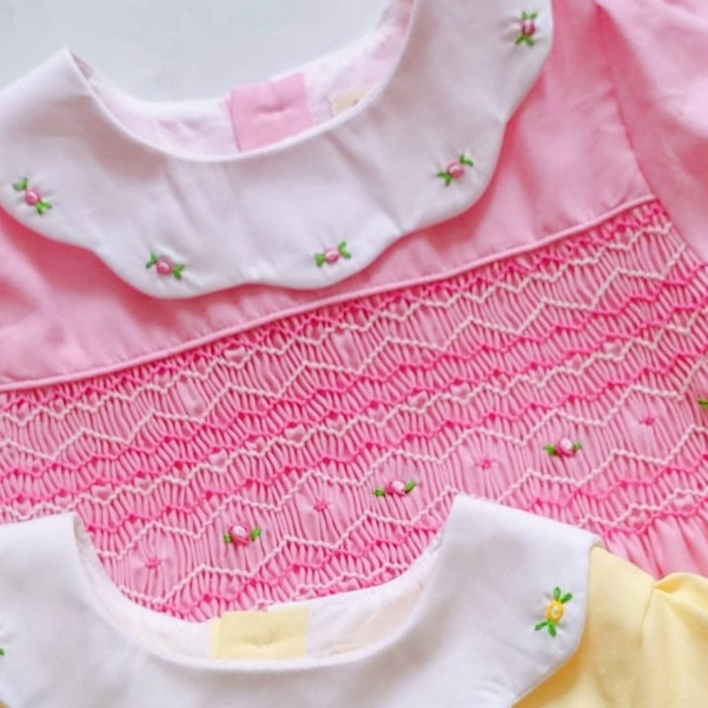 Smocked Spring Summer Dress 2025 Pink Geometric Rose Dress Wholesale Smocked Clothing