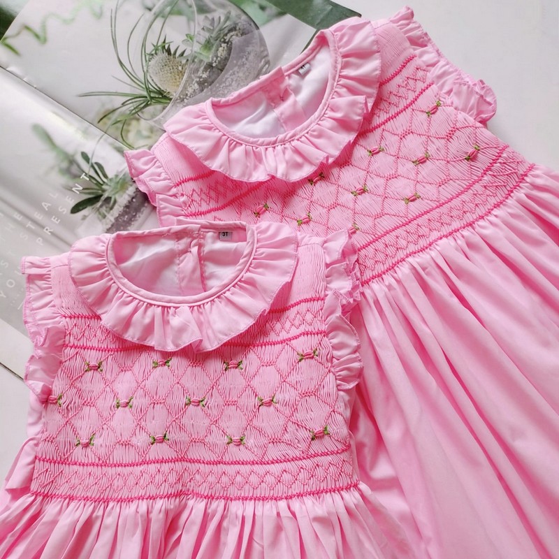 Smocked Spring Summer Dress 2025 Pink Rose Dress Wholesale Smocked Clothing