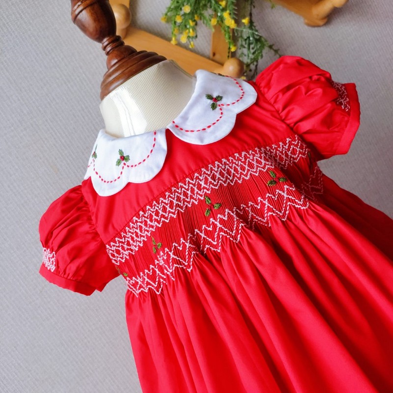 Smocked Spring Summer Dress 2025 Red Leave Dress Wholesale Smocked Clothing