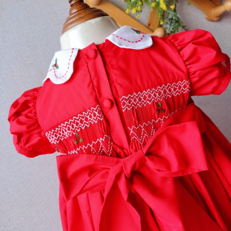 Smocked Spring Summer Dress 2025 Red Leave Dress Wholesale Smocked Clothing