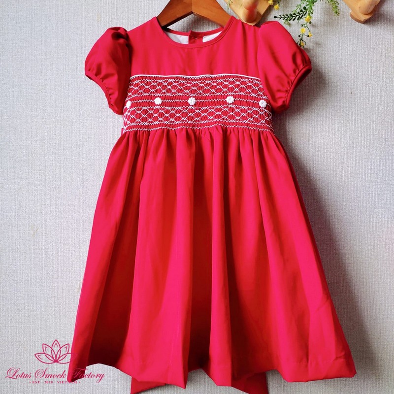 Smocked Spring Summer Dress 2025 White Flower Red Dress Wholesale Smocked Clothing