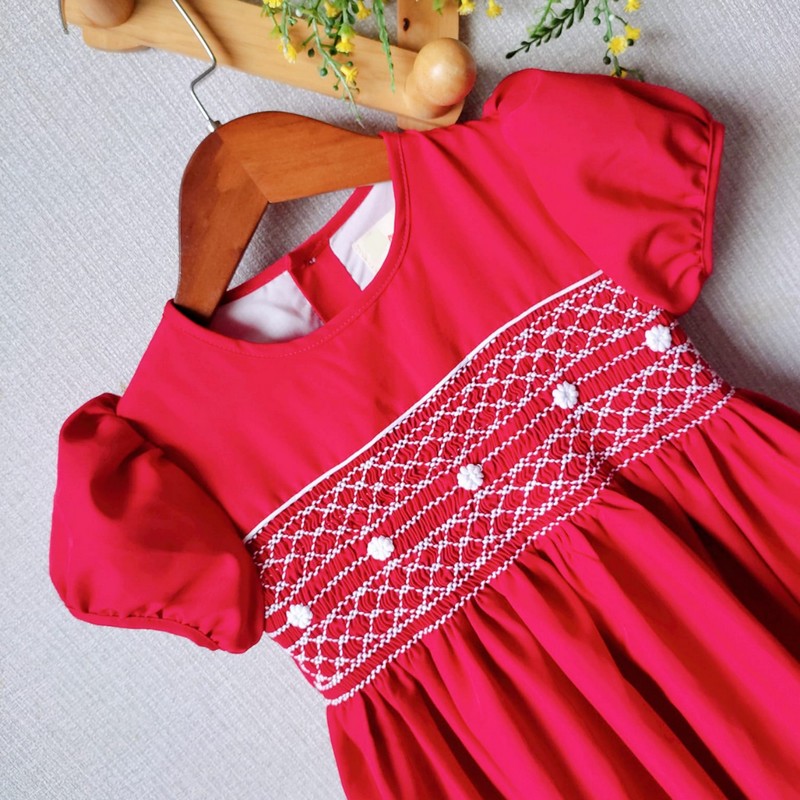 Smocked Spring Summer Dress 2025 White Flower Red Dress Wholesale Smocked Clothing