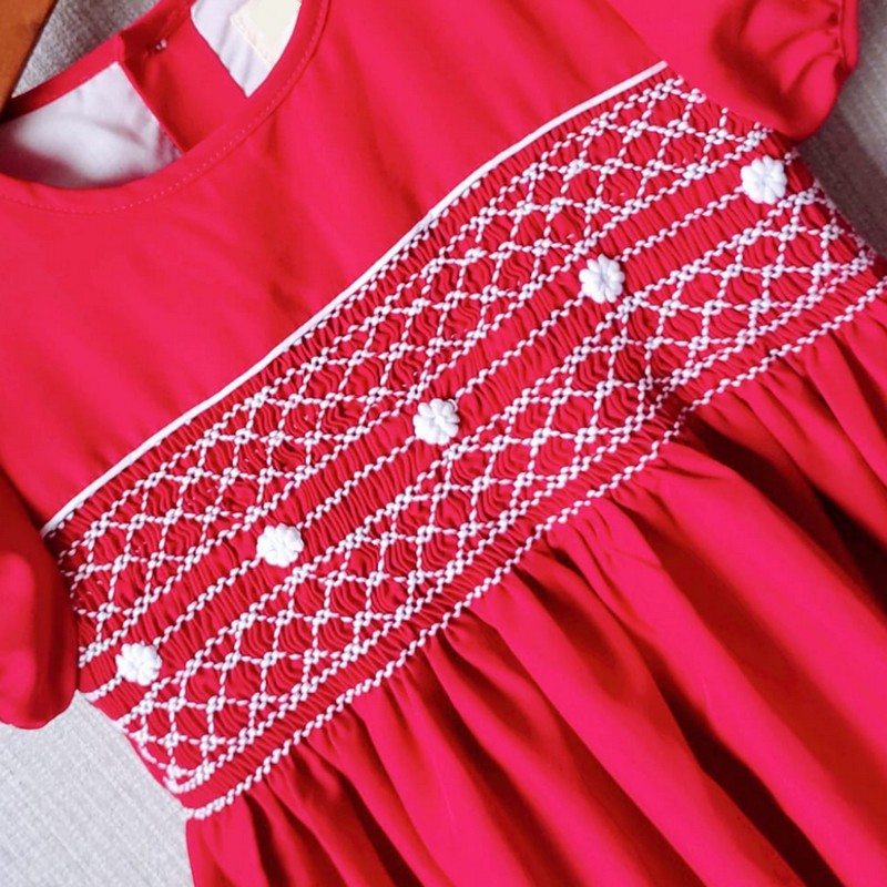 Smocked Spring Summer Dress 2025 White Flower Red Dress Wholesale Smocked Clothing